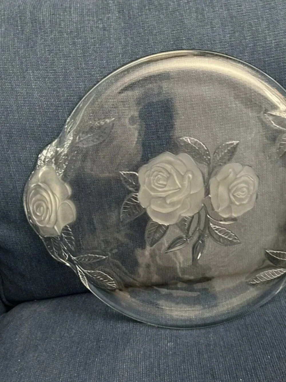 Decorative Glass Platter With Embossed Frosted Roses Pattern